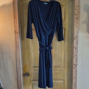 Lauren Ralph Lauren Navy White Dots Wrap Midi Dress Size 12 Stretchy 3/4 Sleeve